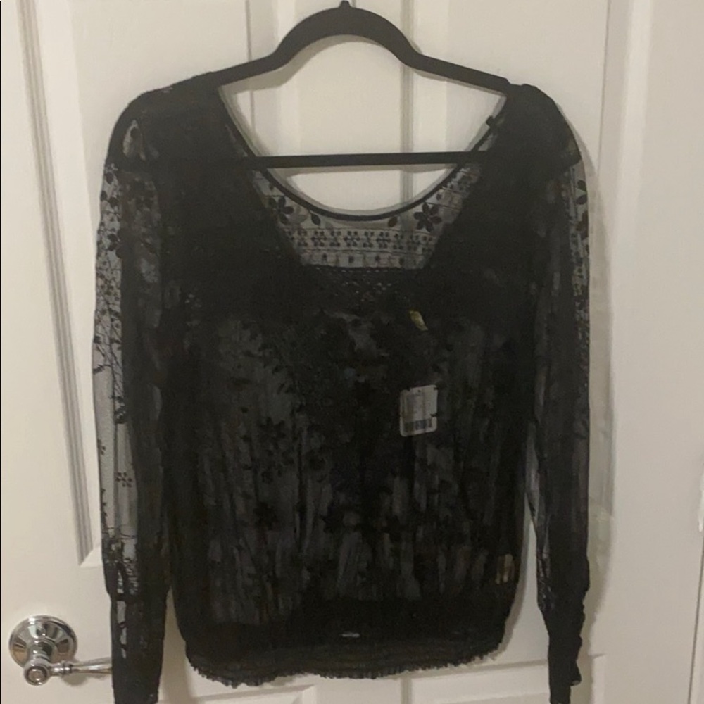 Free People Black/Noir Long Sleeve Lace Top
